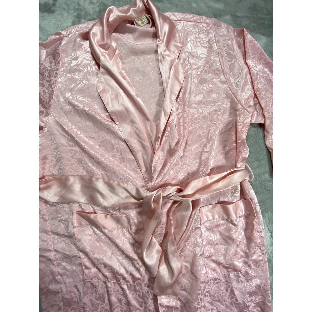 Vintage Victoria's Secret Robe Womens M Pink Jacquard Floral Satin Waist Belt - Picture 2 of 9
